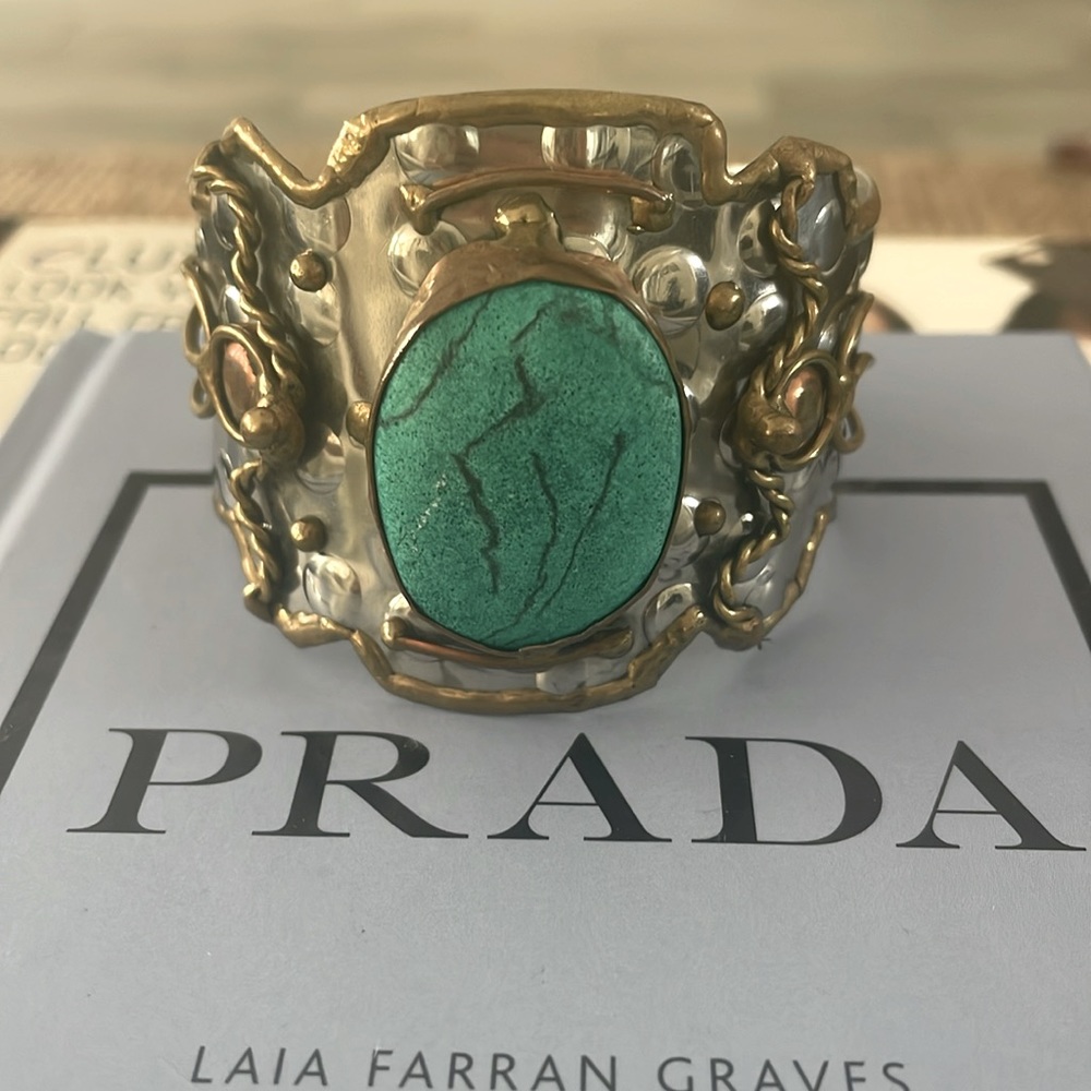 Handmade Turquoise Brushed Silver & Bronze Cuff Bracelet.